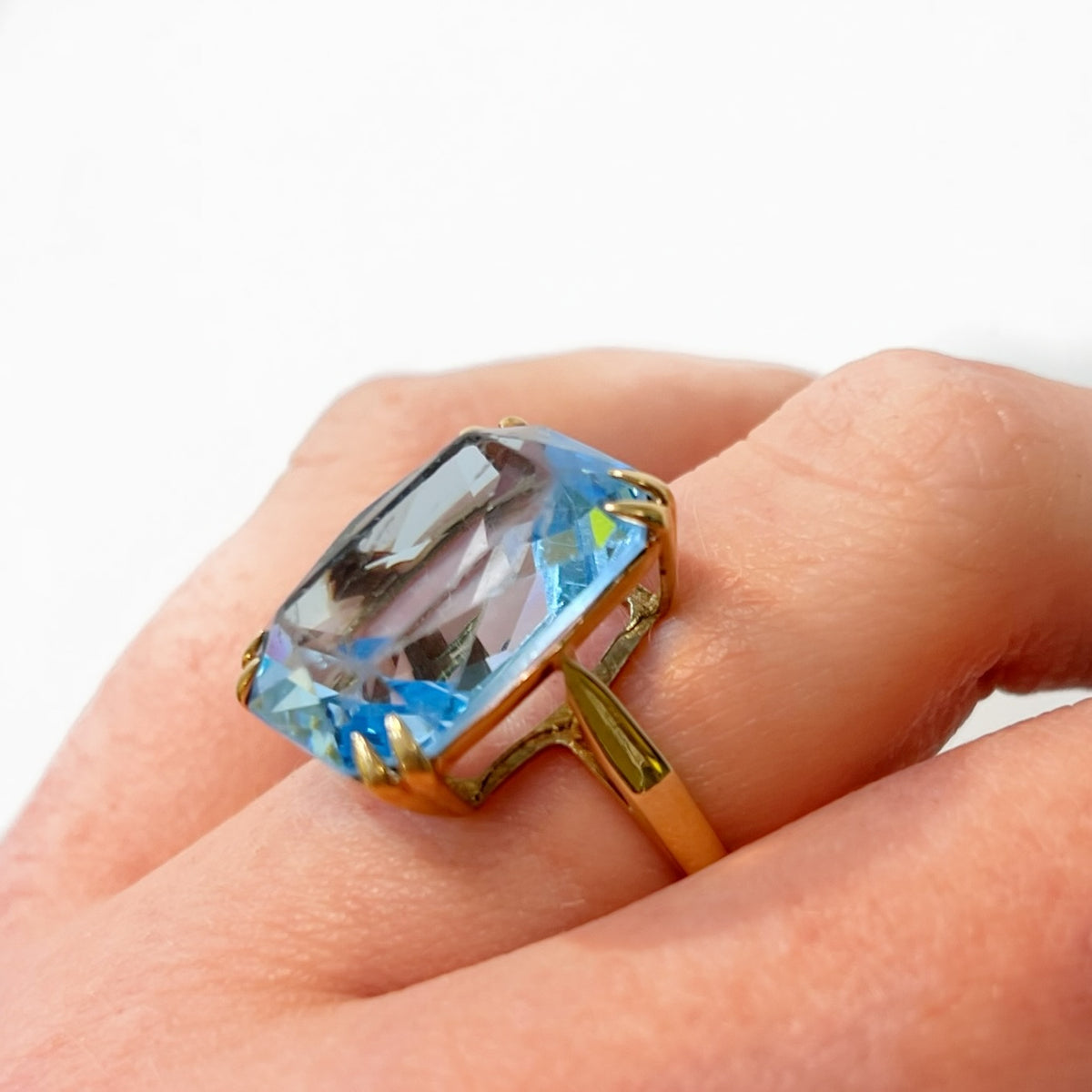 Vintage Blue Glass 9ct Yellow Gold Cocktail Ring | Size L