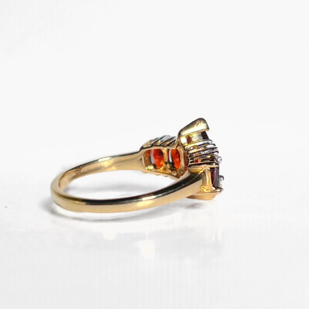 Vintage Garnet and Diamond 9ct Yellow Gold Dress Ring | Size N