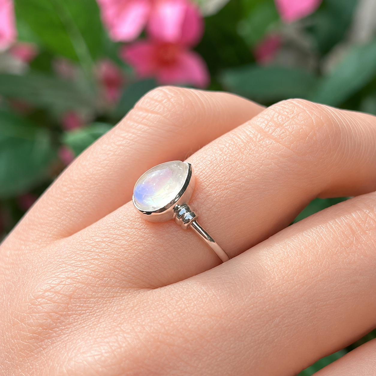Dainty Sterling Silver Pear-Cut Moonstone Ring - Size M