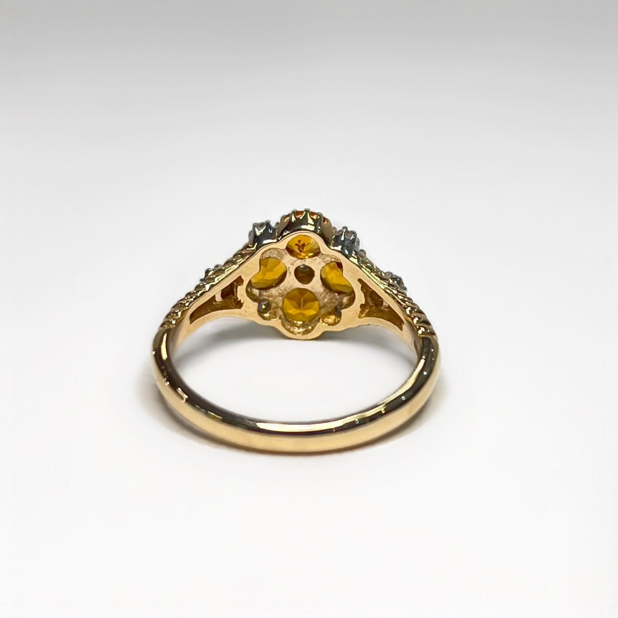 Victorian Inspired 9ct Yellow Gold Citrine and Diamond Forget-me-not Ring - Size M 1/2