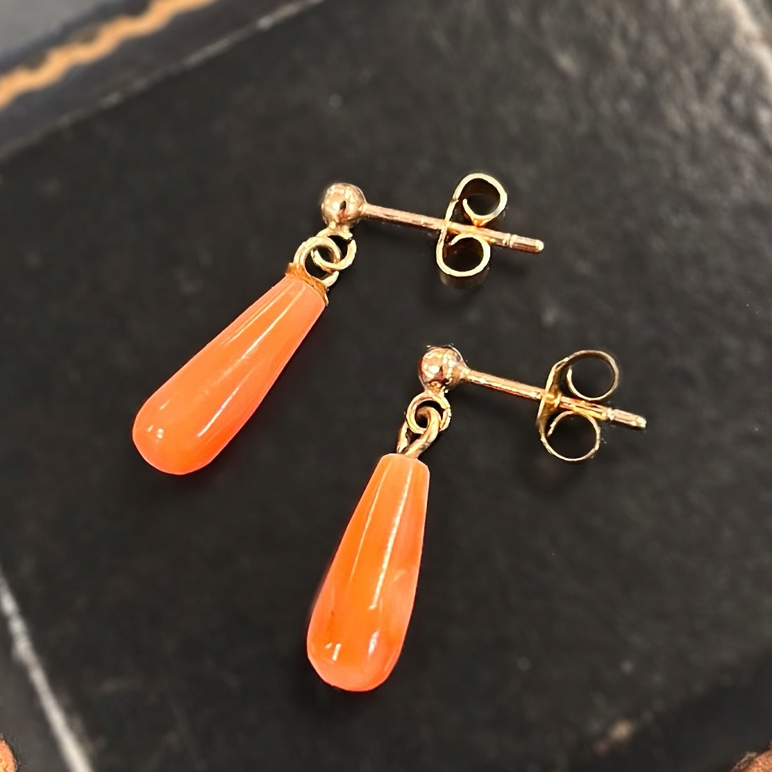 Dainty Antique 9ct Yellow Gold Coral Drop Earrings