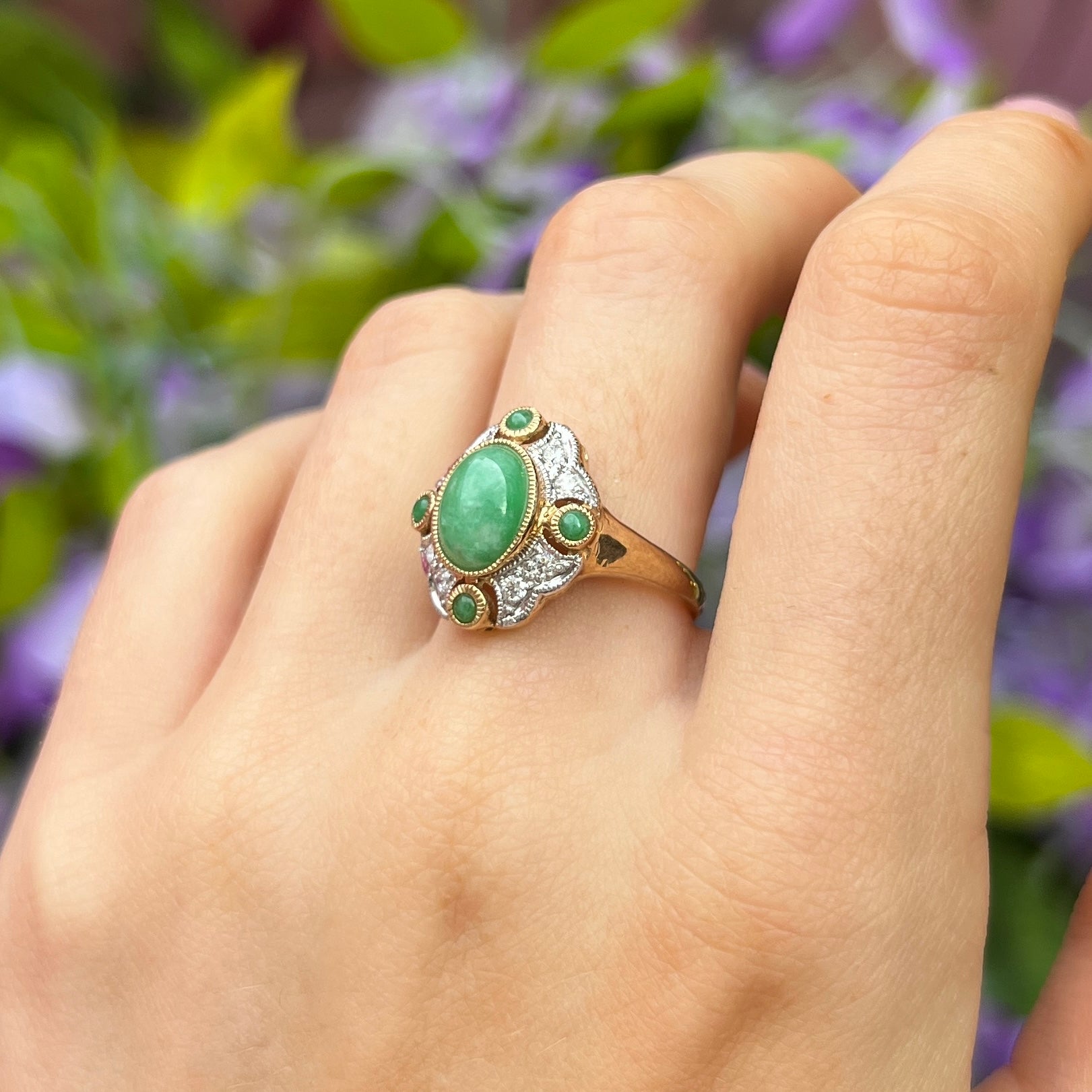 Jade and Diamond Art Deco Reproduction 9ct Yellow Gold Ring | Size N ½