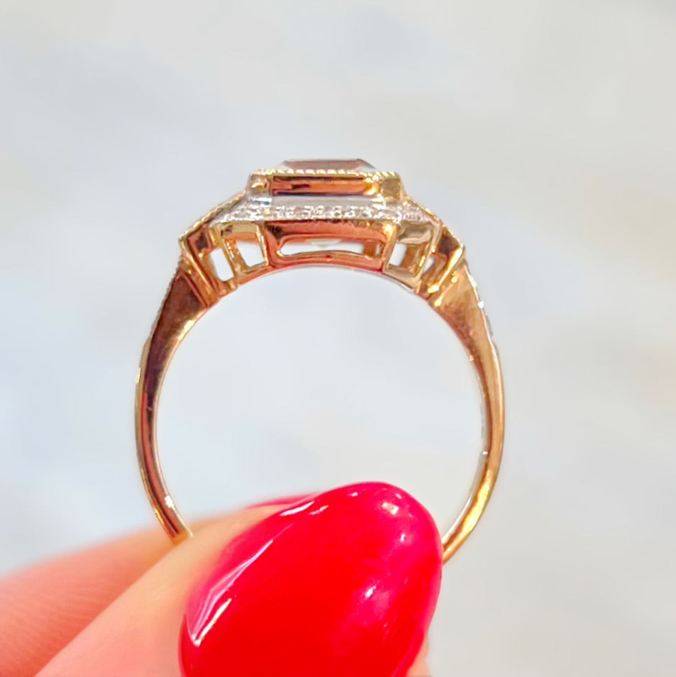 Art Deco Inspired 9ct Yellow Gold Green Amethyst and Pink Tourmaline Ring - Size O ½