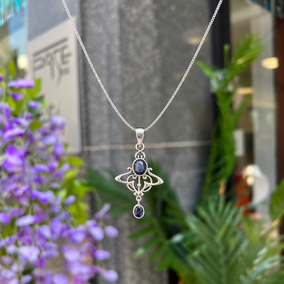 Blue Sapphire Sterling Silver Art Nouveau Pendant & Chain
