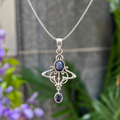Blue Sapphire Sterling Silver Art Nouveau Pendant & Chain