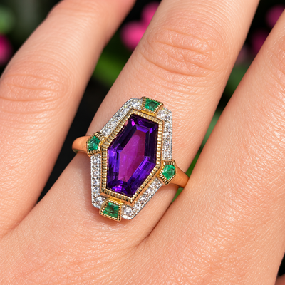 Art Deco Reproduction Amethyst Emerald and Diamond 9ct Yellow Gold Ring | Size N