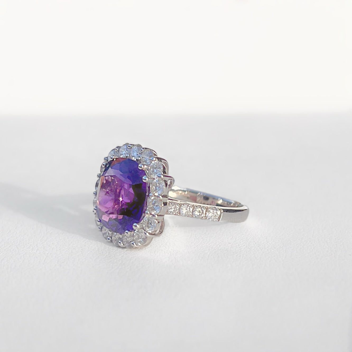 'Elizabeth' Ring - Spectacular 18ct White Gold Amethyst and Diamond Statement Dress Ring – Size N 1/2