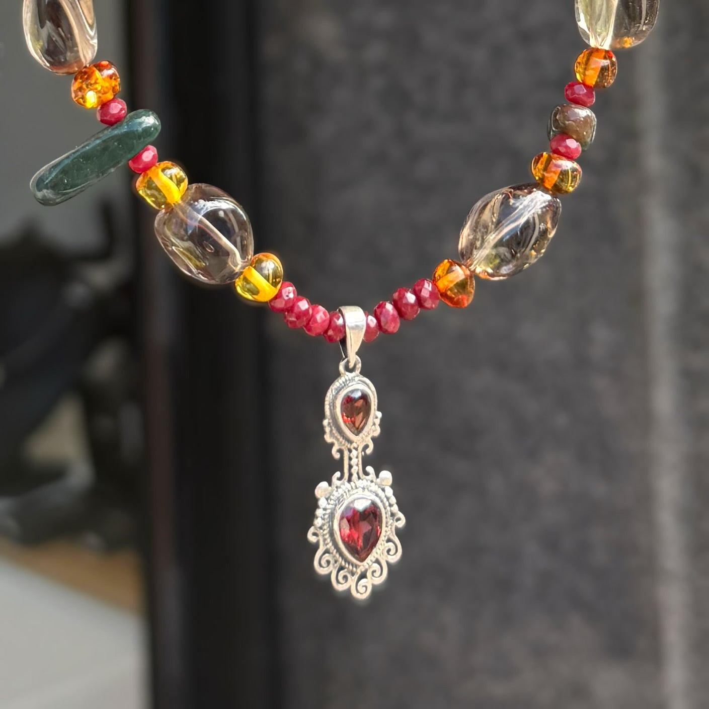 Amber, Carnelian, Garnet, Agate, & Smoky Quartz Sterling Silver Beaded Necklace