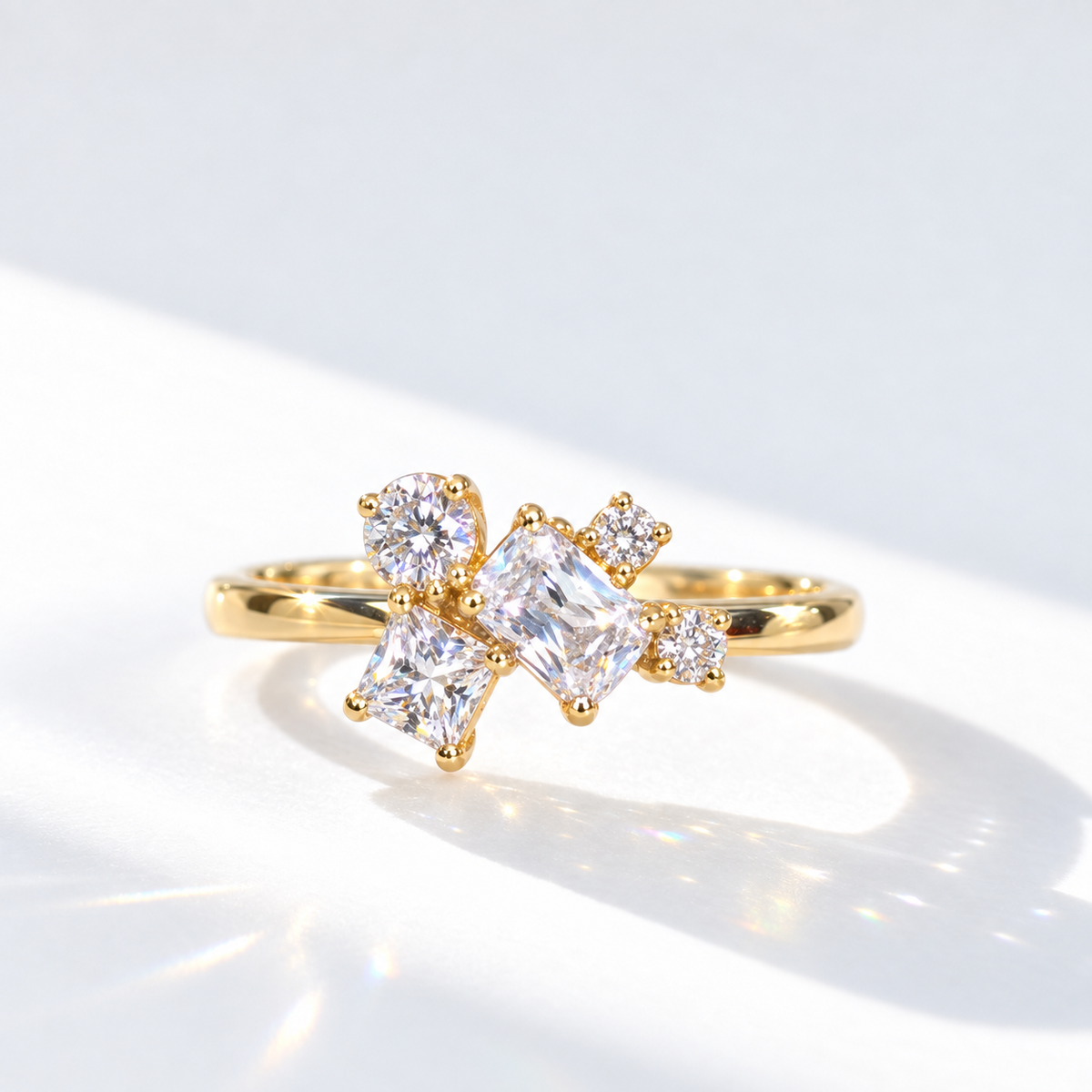 Asymmetric Cluster Cubic Zirconia 9ct Yellow Gold Ring | Size N