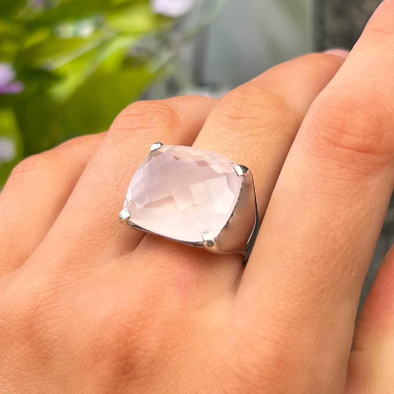 Checkerboard Cut Cabochon Rose Quartz Sterling Silver Chunky Ring | Size H