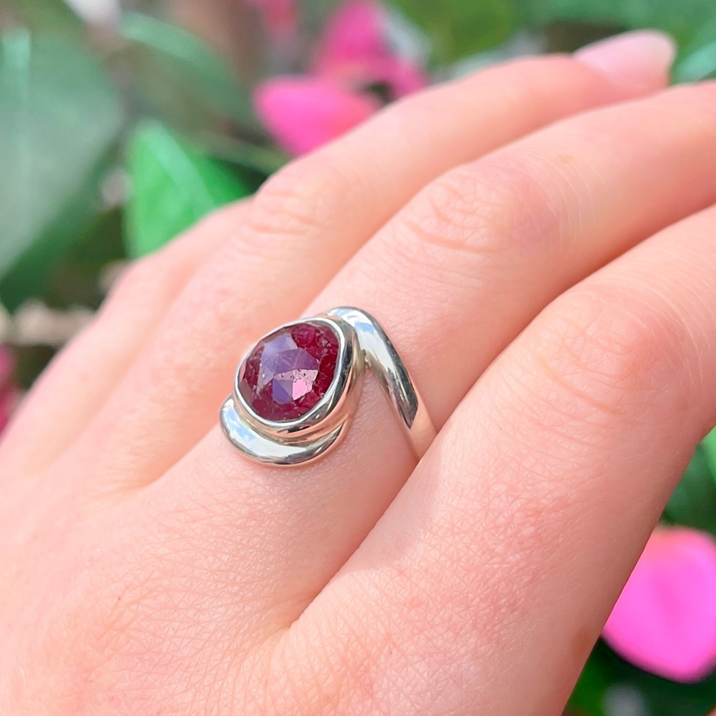 Unique Sterling Silver Ruby Twist Ring - Size P