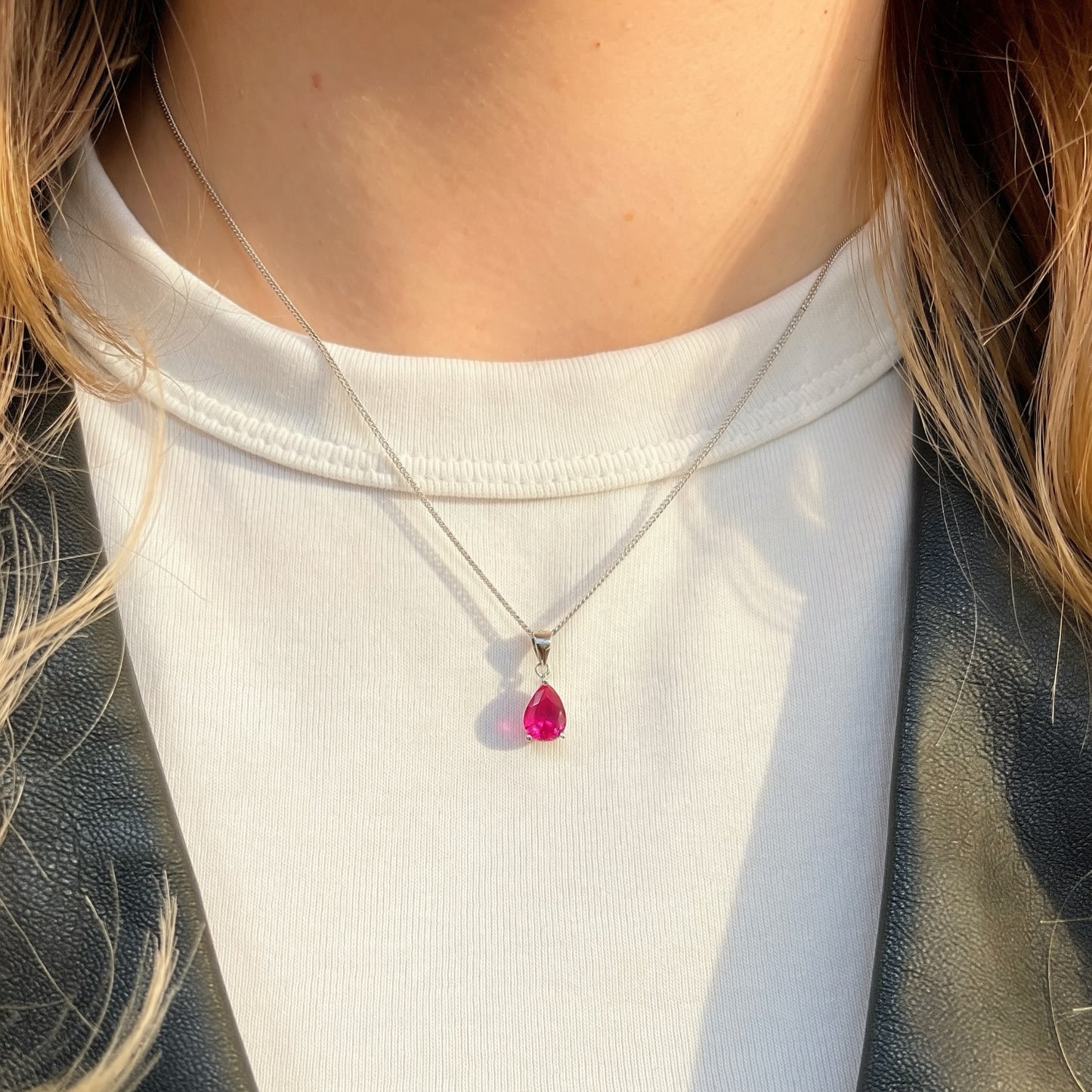 Sterling Silver Pear-Cut Lab-Grown Ruby Matching Necklace and Earring Set