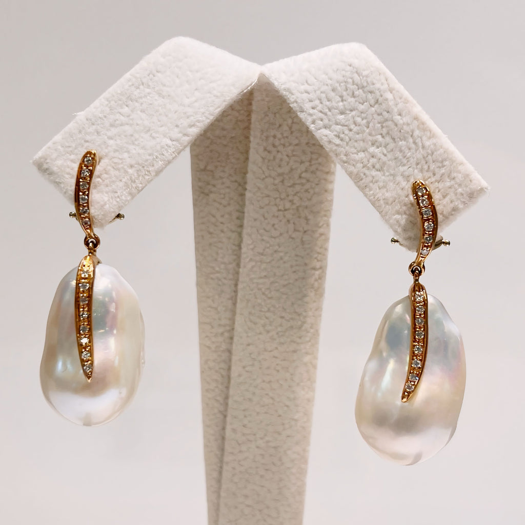 Diamond & Large Baroque Pearl 18ct Rose Gold Drop Earrings