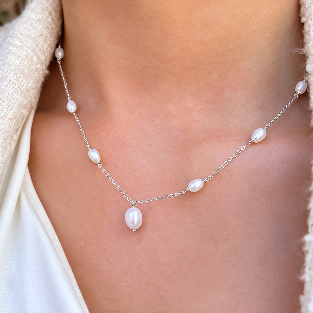 Pearl Sterling Silver Dainty Station Necklace