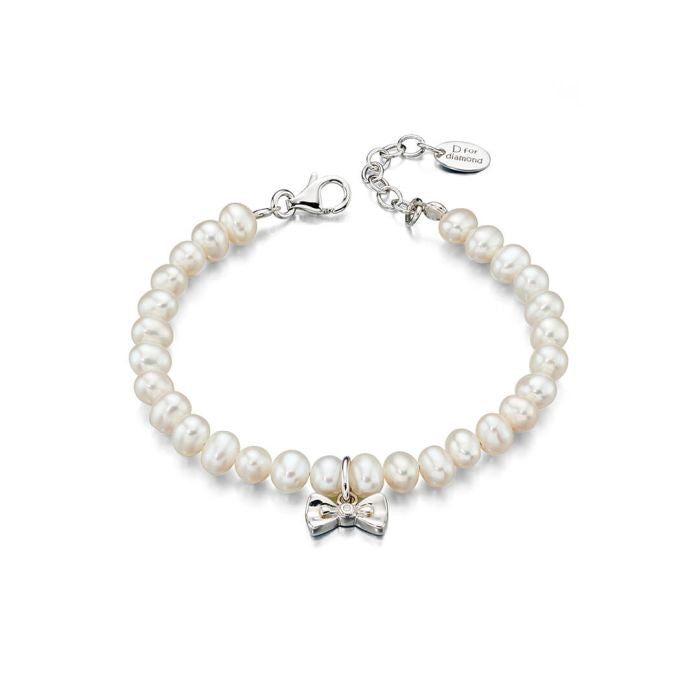 Diamond, Pearl & Sterling Silver Bow Charm Children's Bracelet
