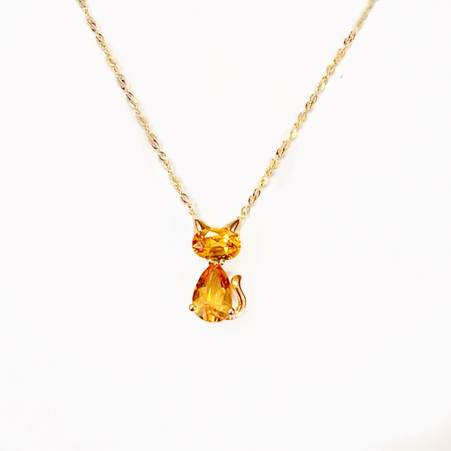 Citrine 9ct Yellow Gold Ginger Cat Dainty Necklace