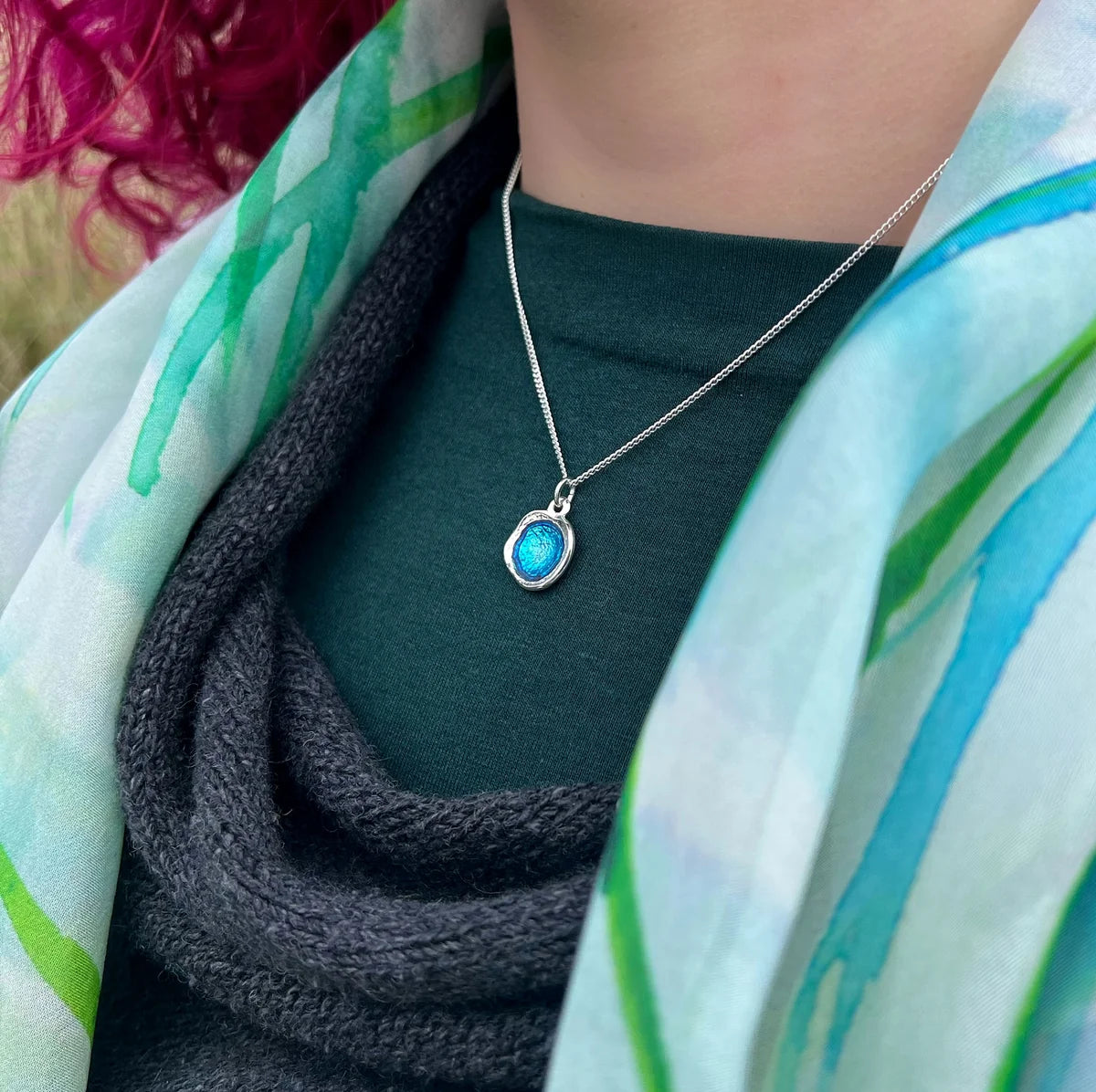 Pre-Order | Sheila Fleet Sterling Silver Small Lunar Pendant Necklace in Lichen Enamel