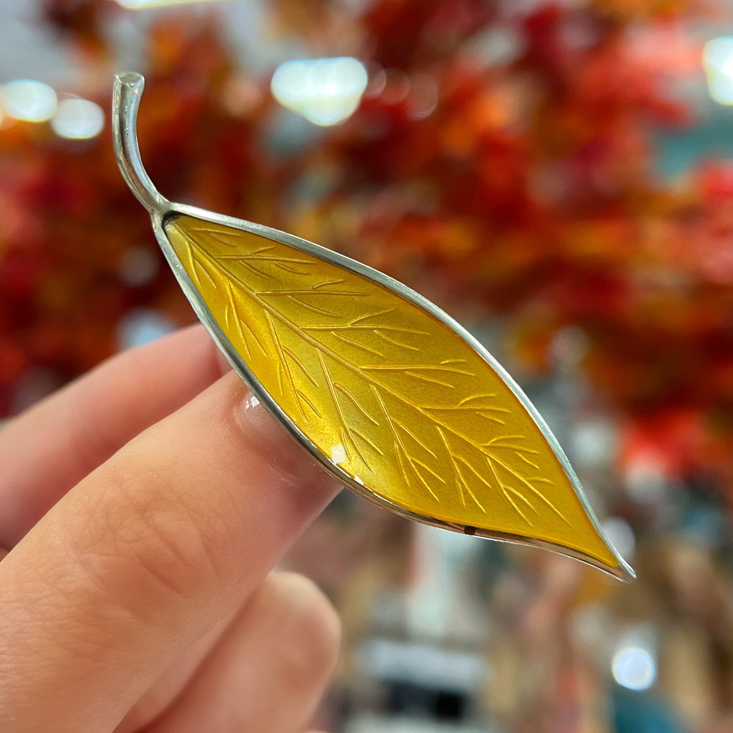 Norwegian Sterling Silver David Andersen Golden Yellow Enamelled Leaf Brooch