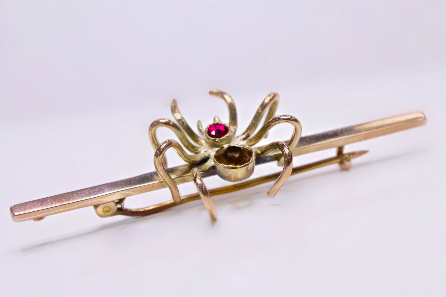 Antique 9ct Gold Citrine and Ruby Spider Bar Brooch