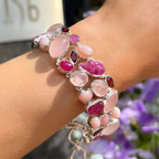 Ruby, White Pearl, Rose Quartz & Clear Quartz Sterling Silver Chunky Bracelet