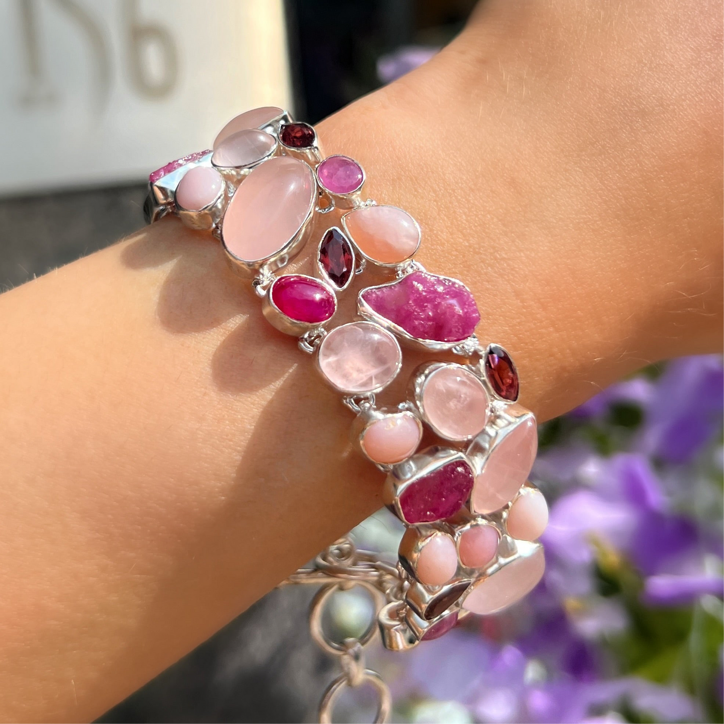 Red Ruby, White Pearl, Pink Rose Quartz & Clear Quartz Chunky Sterling Silver Statement Bracelet