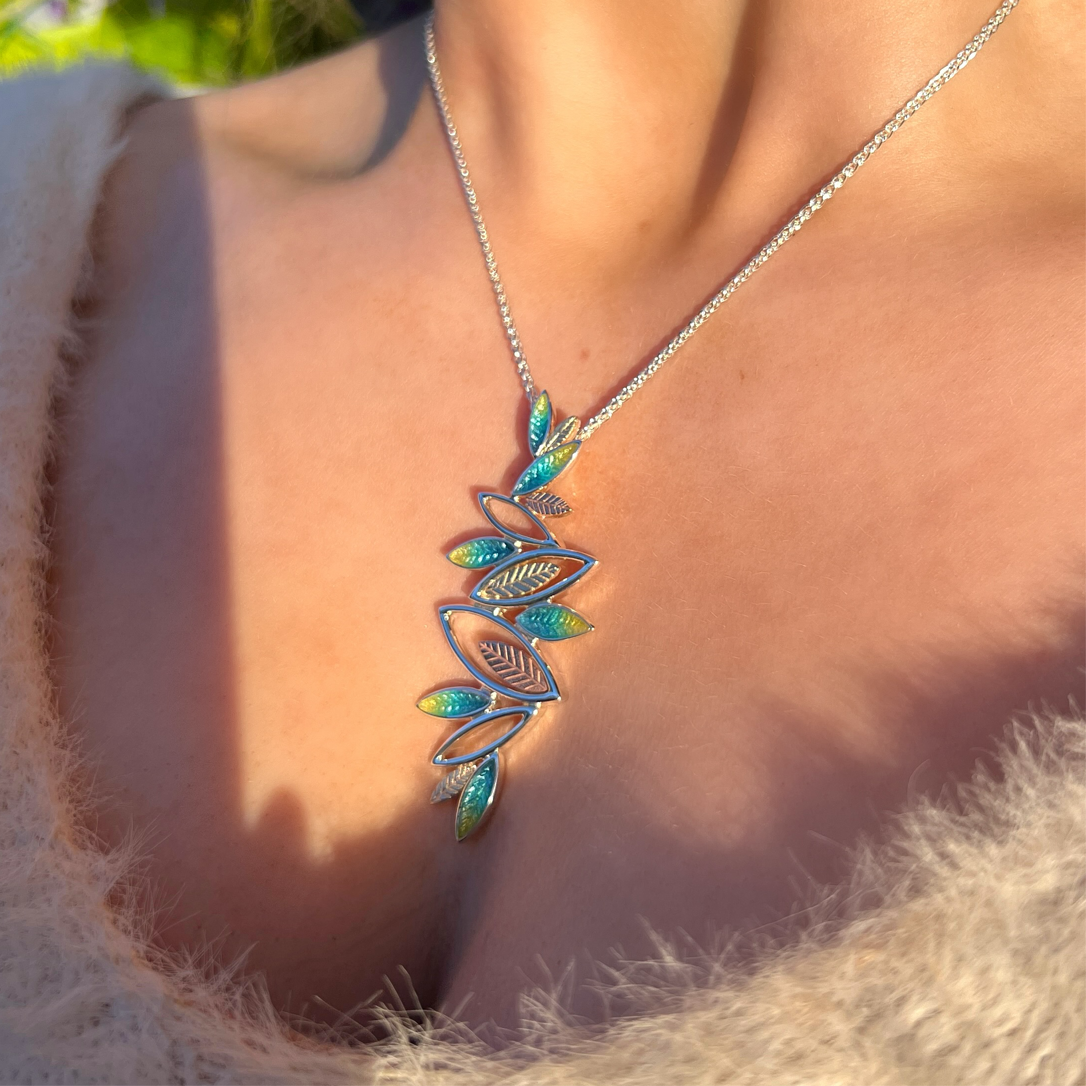 Blue & Green Enamel Leaf Sterling Silver Necklace | Sheila Fleet