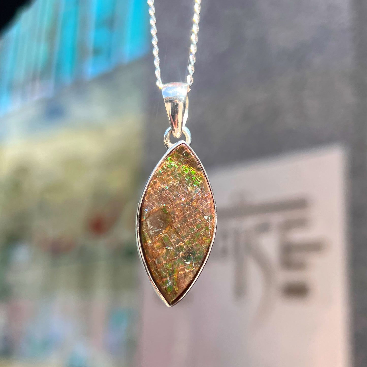 RARE Sterling Silver Fossilied Ammolite Marquise-Shaped Necklace