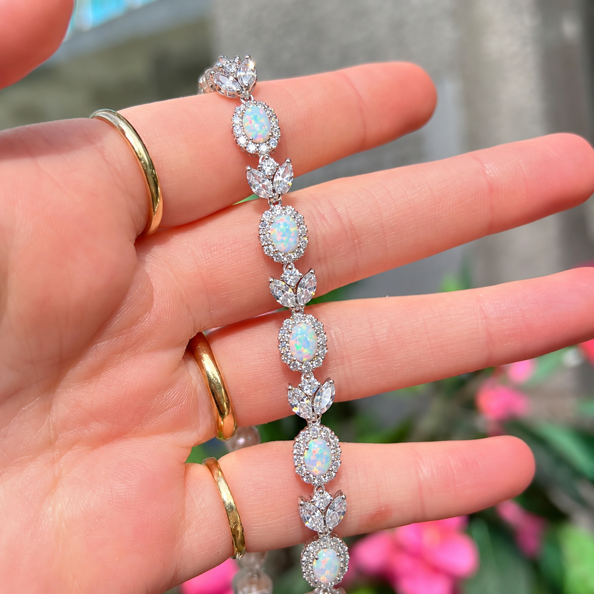 Opal & Cubic Zirconia Sterling Silver Bracelet