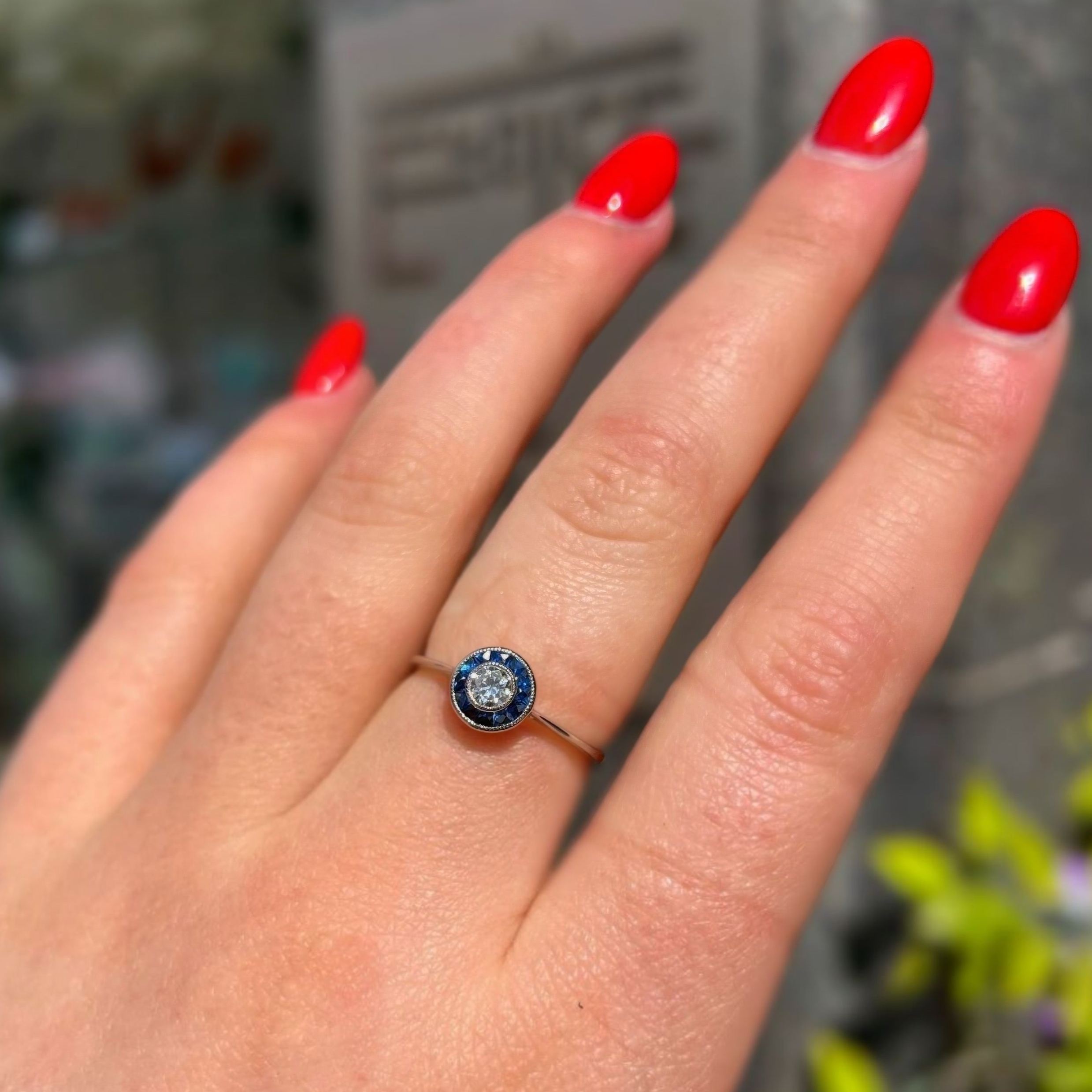 Art Deco Inspired Sapphire and Diamond Platinum Engagement Ring | Size N