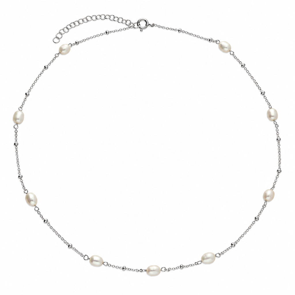 Pearl Sterling Silver Layering Dainty Station Necklace