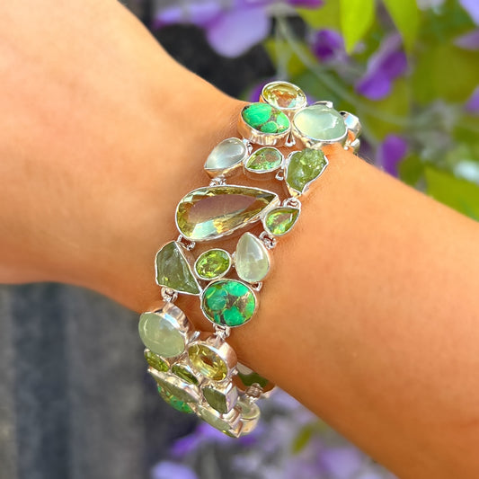 Chunky Bohemian Green Amethyst, Kyanite, Prehnite, Peridot, Turquoise & Lemon Topaz Sterling Silver Bracelet