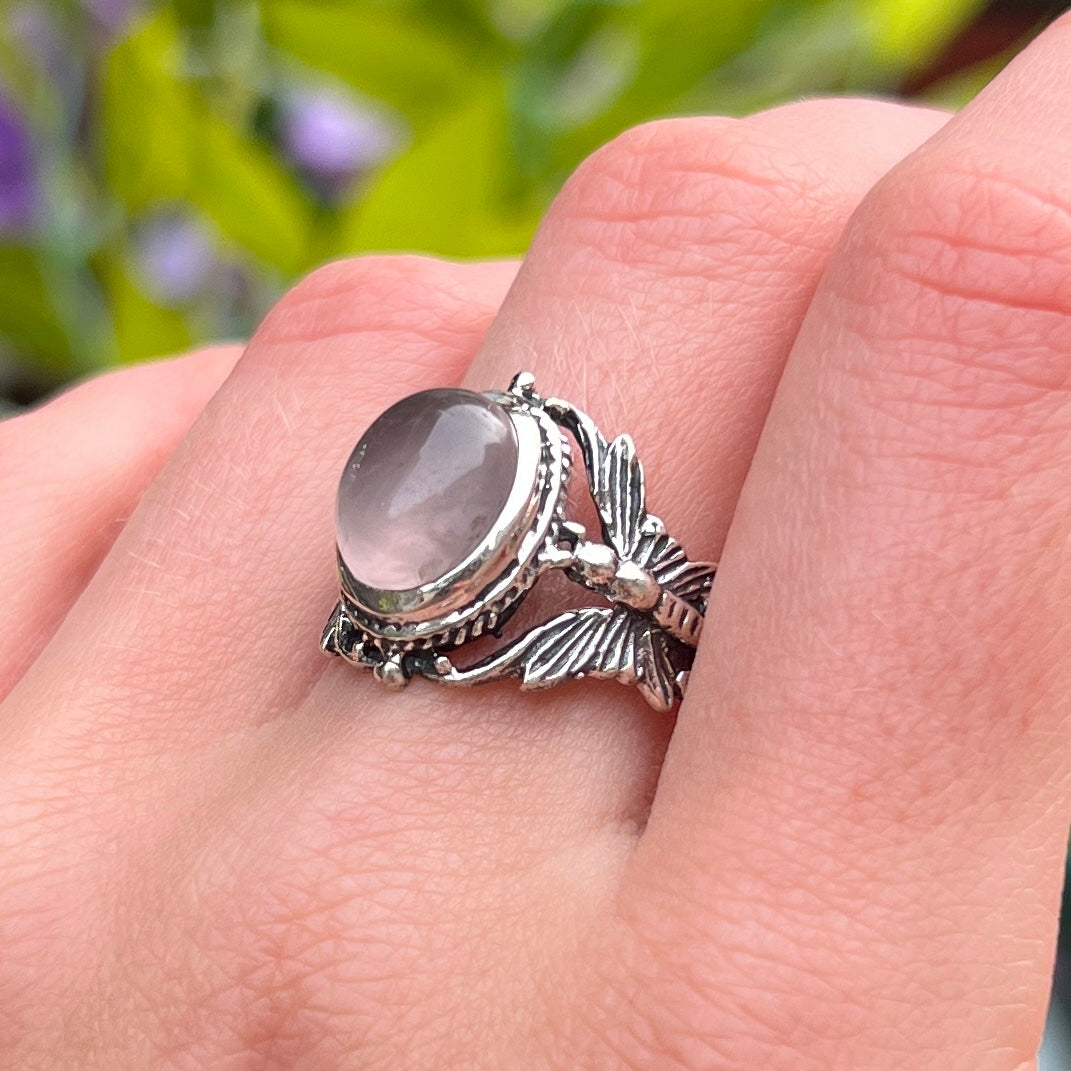 Sterling Silver Butterfly Shoulder Pink Rose Quartz Ring - Size R