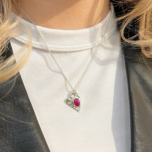 Sterling Silver Hammered Heart Ruby Necklace