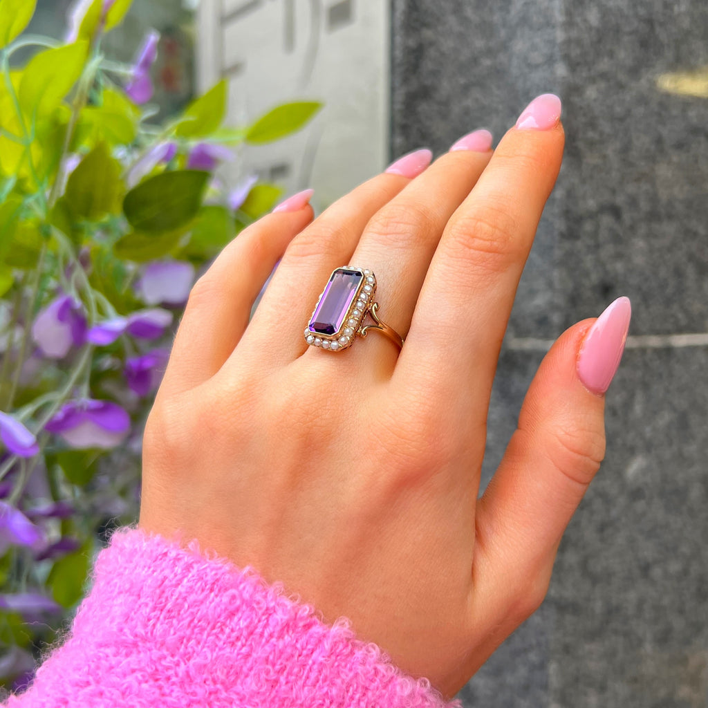 Amethyst & Pearl 9ct Yellow Gold Ring | Size N