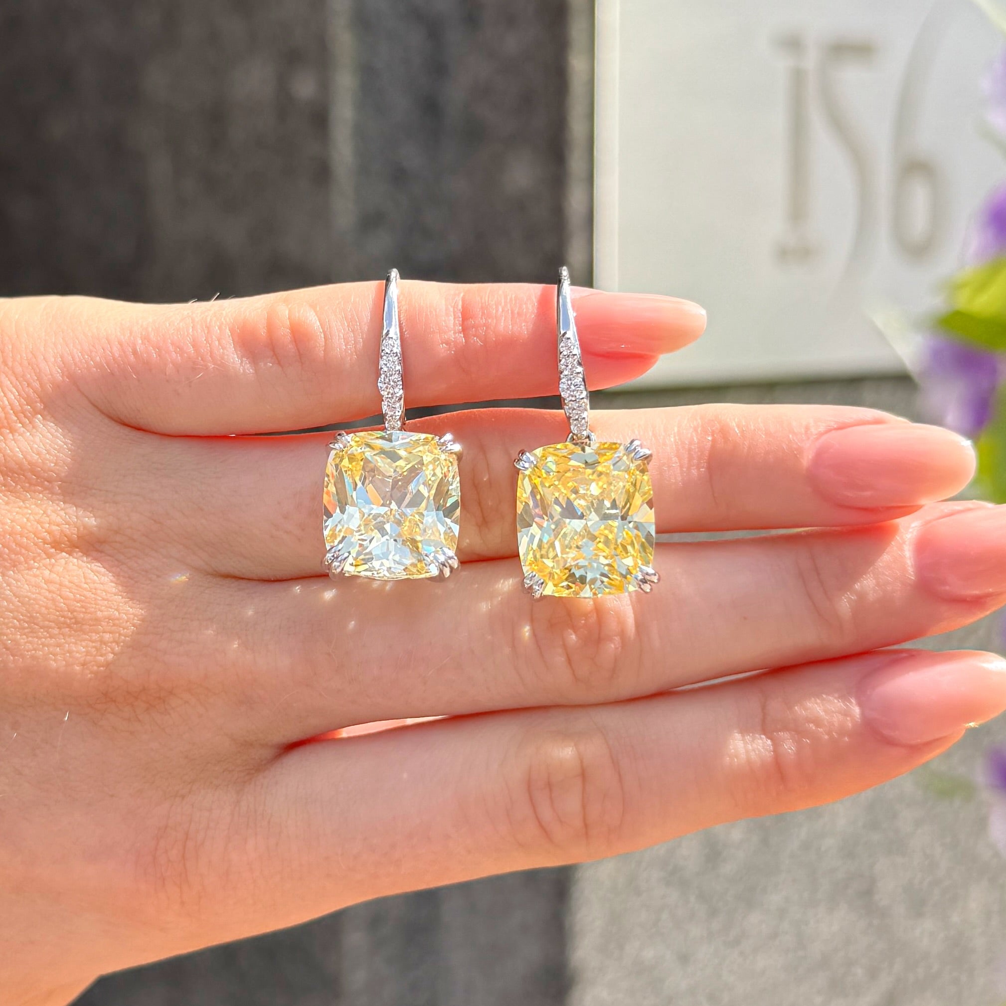 Lemon Yellow Square Cut Cubic Zirconia Sterling Silver Drop Earrings