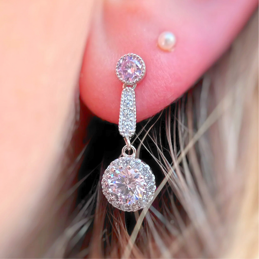 Elegant Sterling Silver Pink Cubic Zirconia Drop Earrings