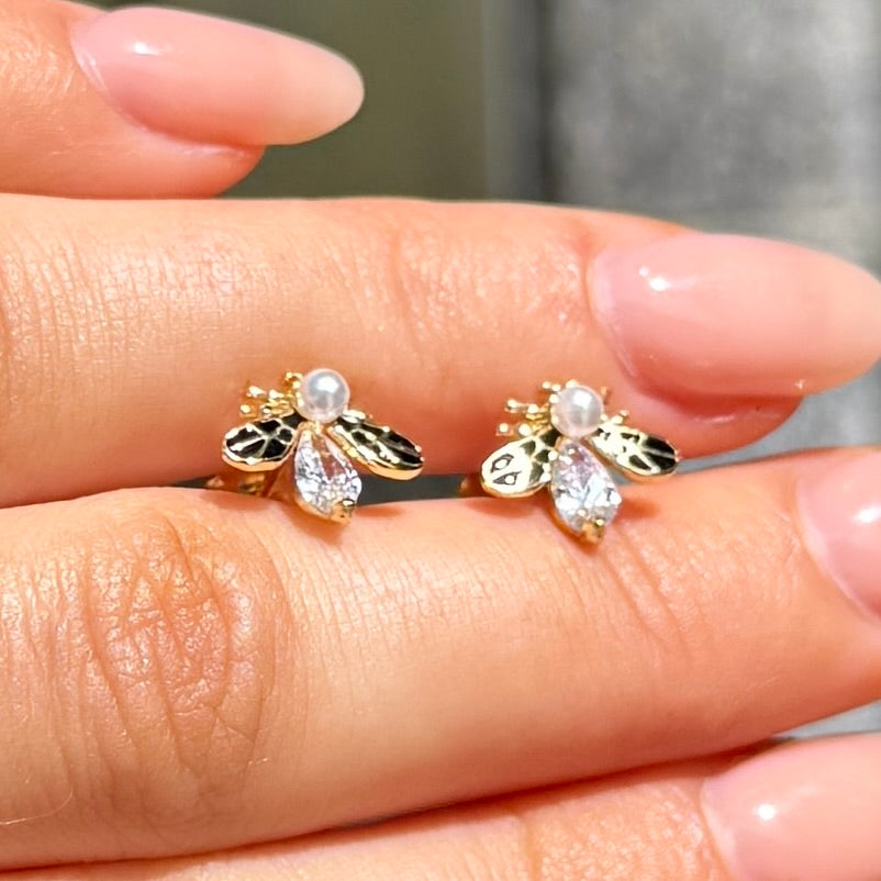 Pearl & Cubic Zirconia Bee Sterling Silver Stud Earrings
