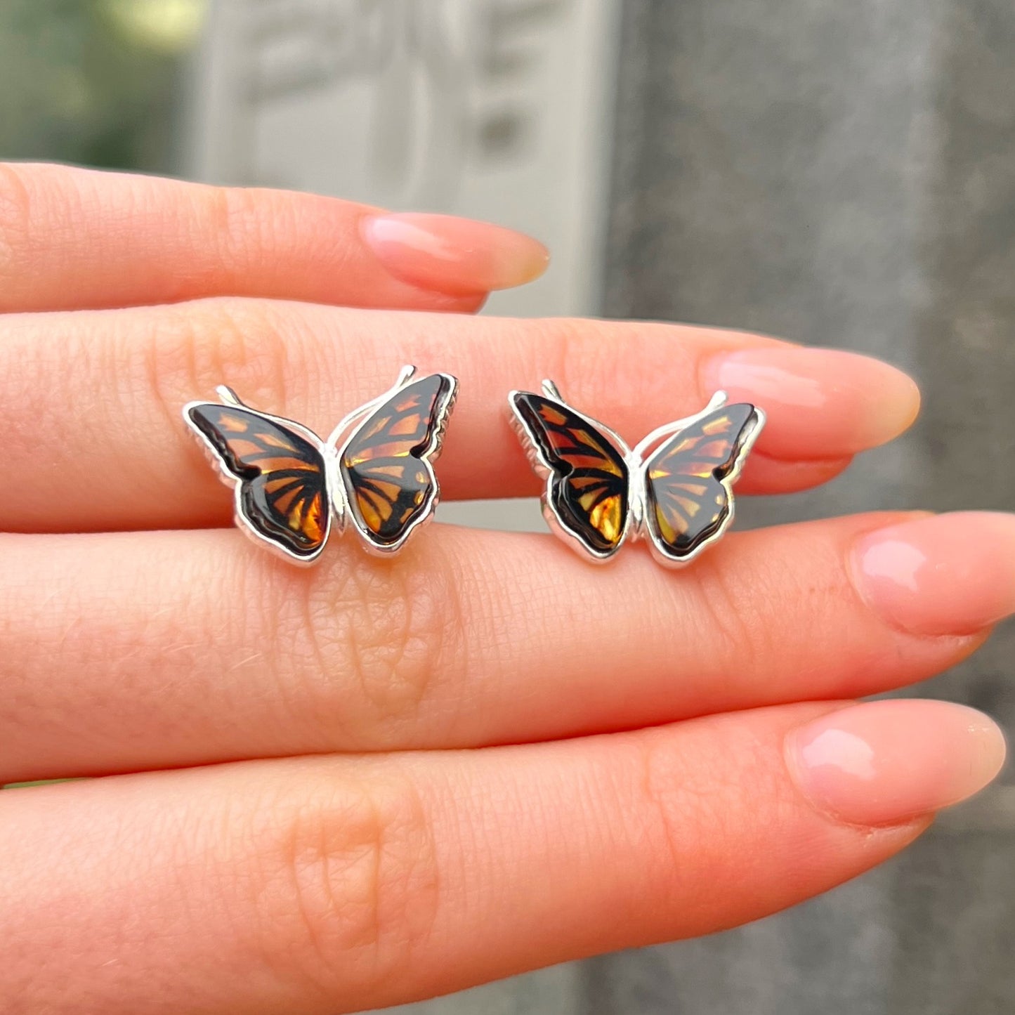 Sterling Silver Orange Amber Butterfly Design Stud Earrings