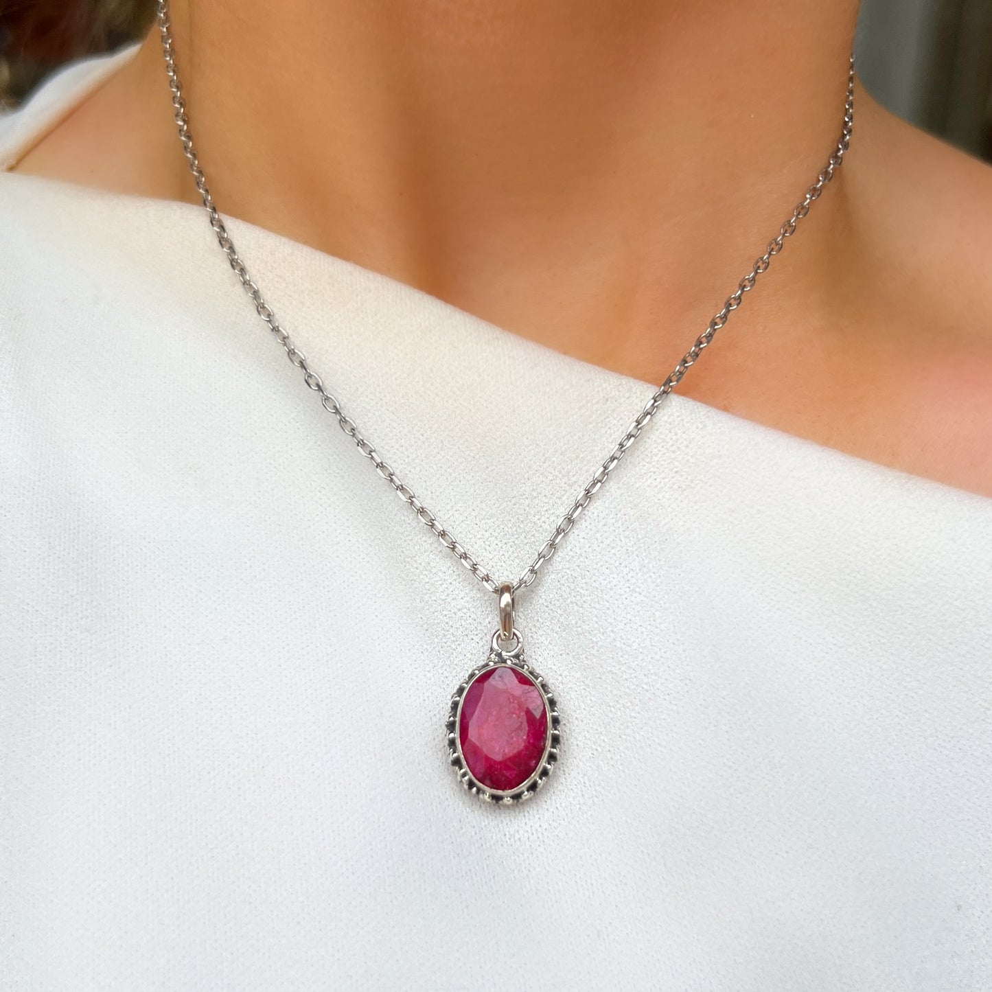 Sterling Silver Oval Cut Red Ruby Necklace