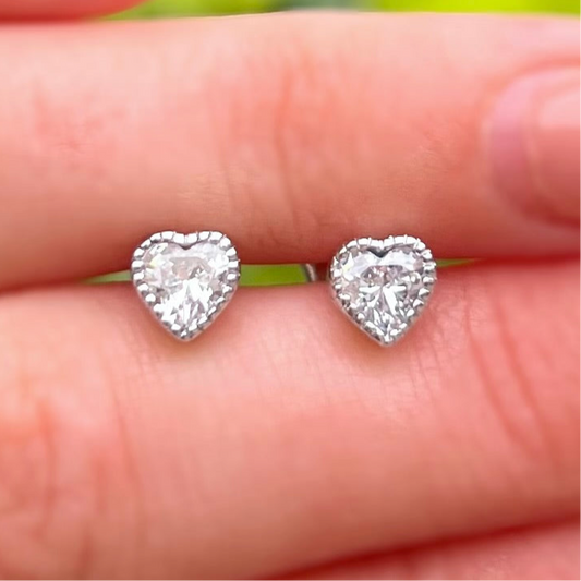 Sterling Silver Faceted Cubic Zirconia Heart Stud Earrings