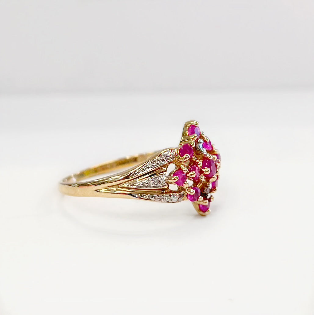Unusual Vintage 9ct Yellow Gold Ruby and Diamond Ornate Cluster Ring - P