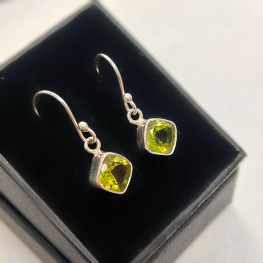 Sterling SIlver Cushion Cut Peridot Drop Earrings