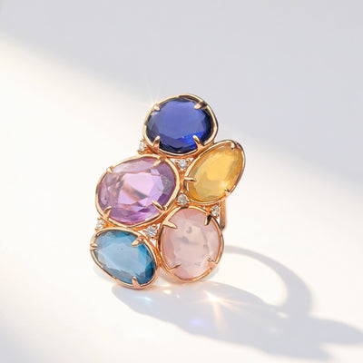 Rose Quartz, Iolite, Amethyst, Topaz, Opal and Diamond 14ct Rose Gold Chunky Ring | Peroni & Parise