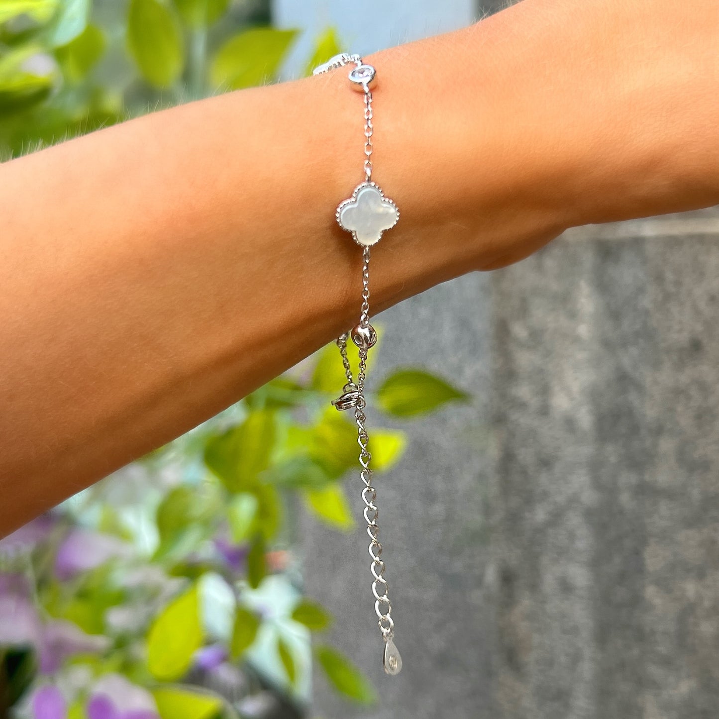 Dainty Sterling Silver White Mother of Pearl & Cubic Zirconia Clover Bracelet