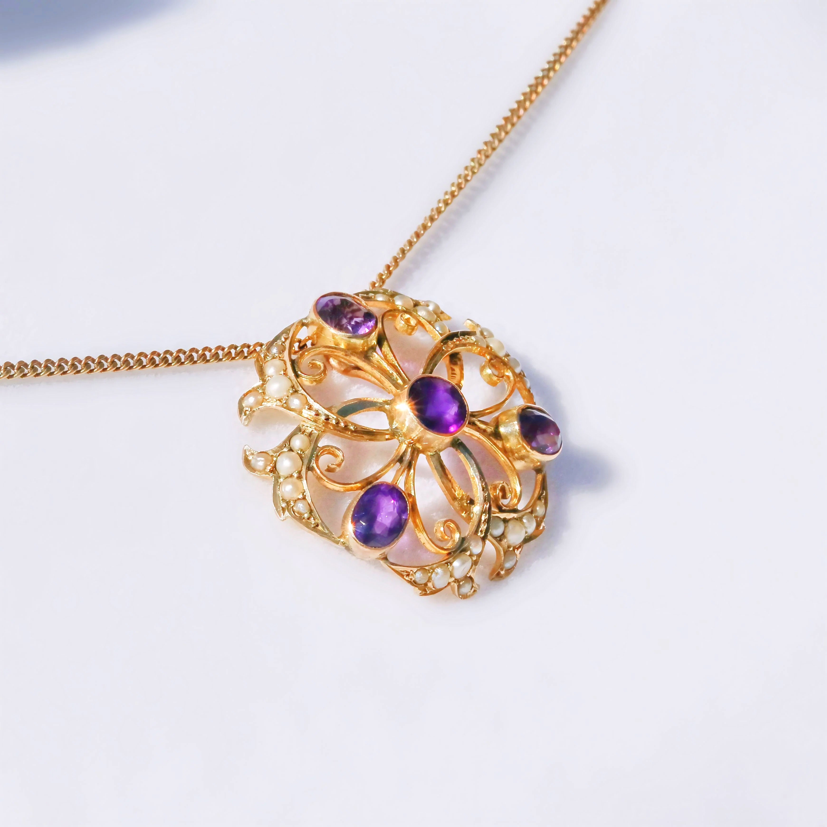 Antique Edwardian Amethyst and Seed Pearl 9ct Yellow Gold Necklace