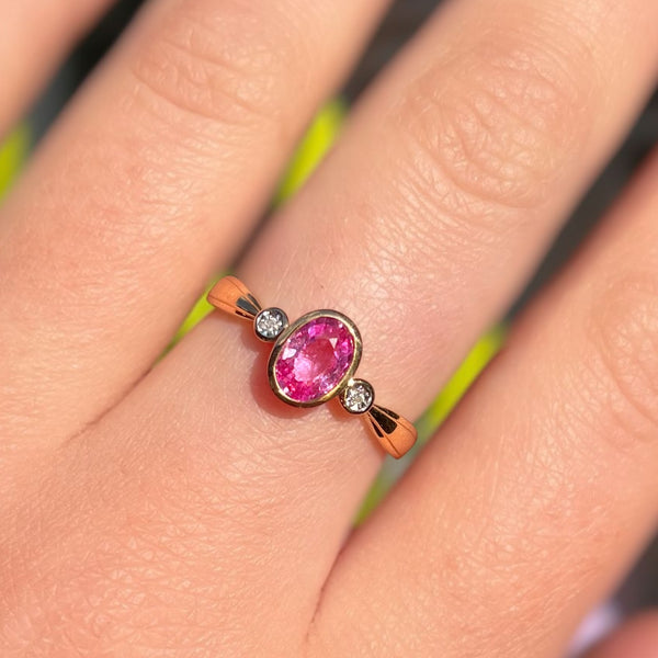 The Aurora Ring - 9ct Yellow Gold Pink Sapphire and Diamond Trilogy - Size O