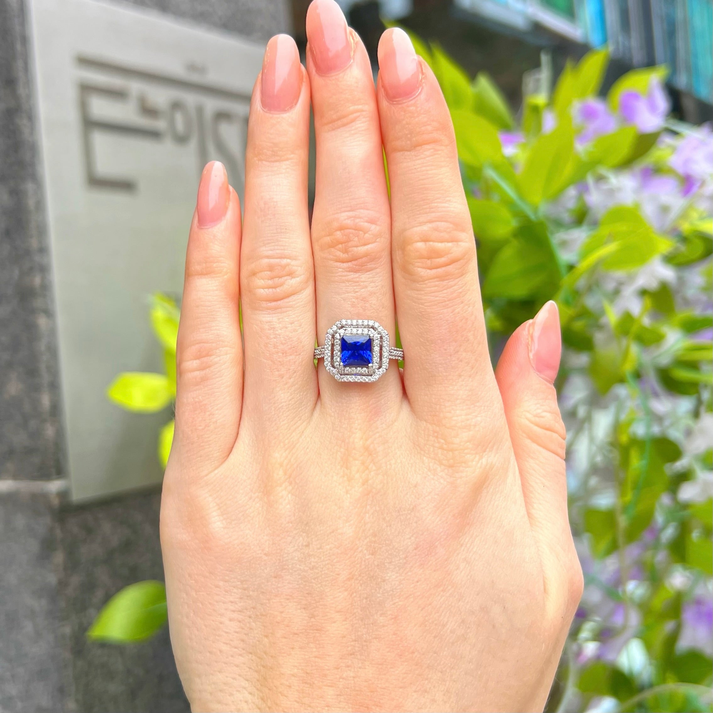 Blue Cubic Zirconia Sterling Silver Square Halo Ring | Size M