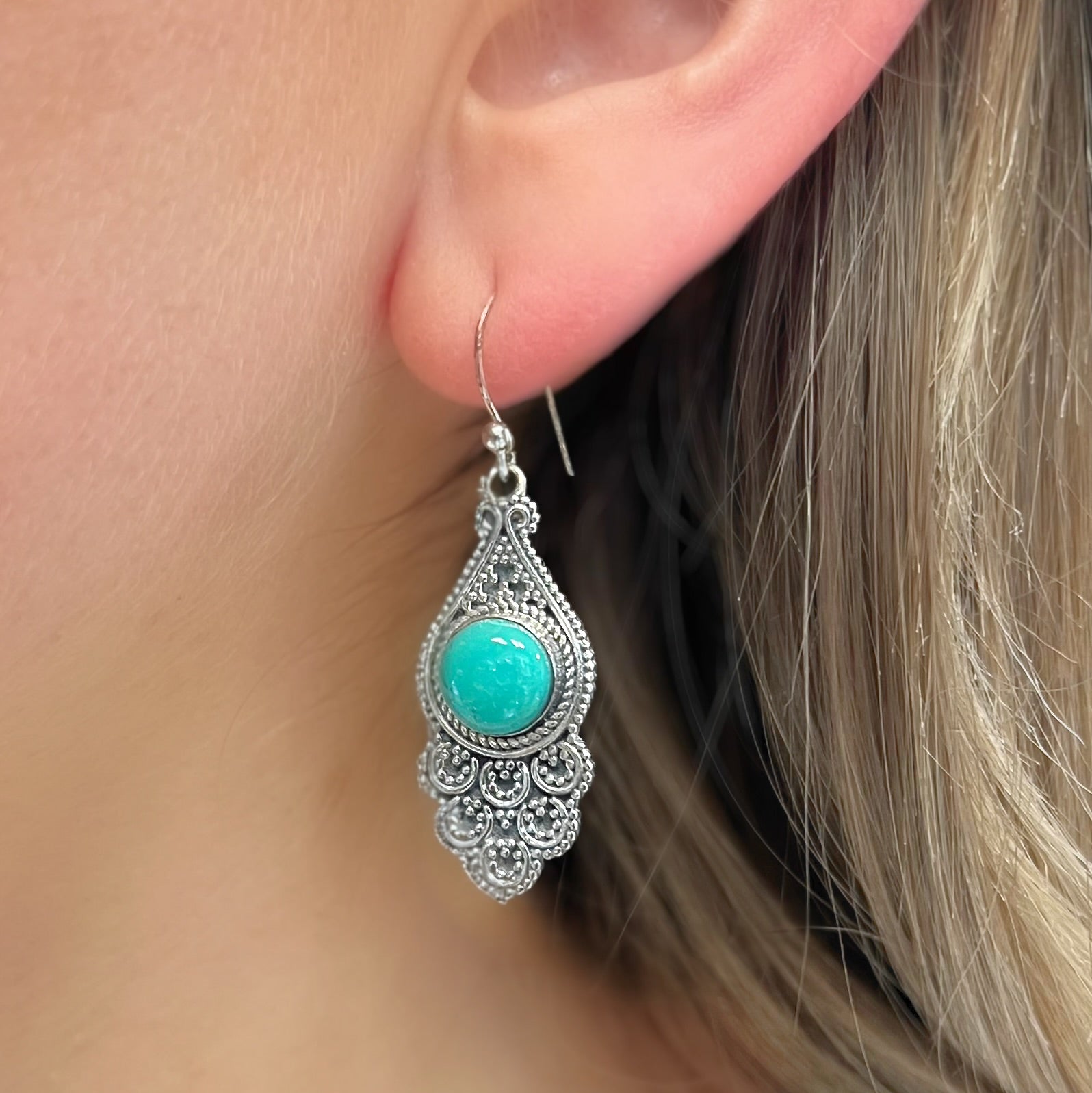 Detailed Turquoise Sterling Silver Bohemian Inspired Drop Earrings