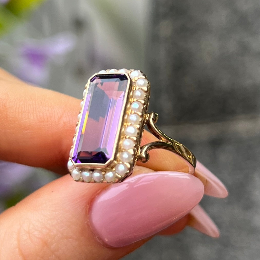 Amethyst & Pearl 9ct Yellow Gold Ring | Size N