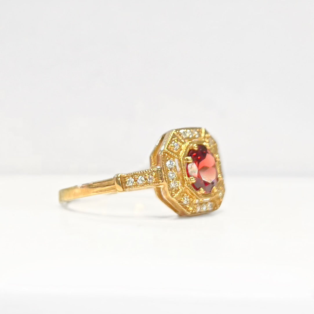 Art Deco Inspired Octagonal 9ct Yellow Gold Garnet and Diamond Ring - Size M ½